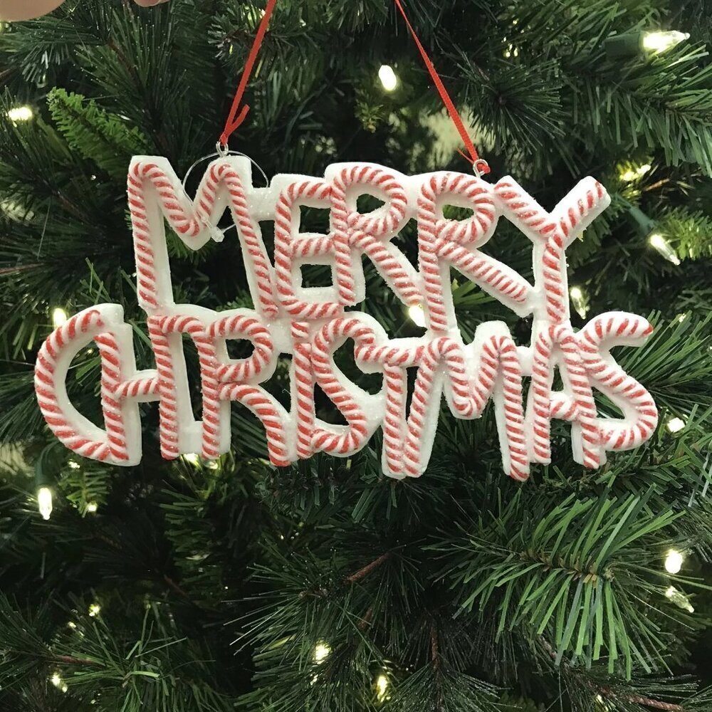 Peppermint Candy Cane Merry Christmas Sign Tree Ornament 8in Candyland Decor Red
